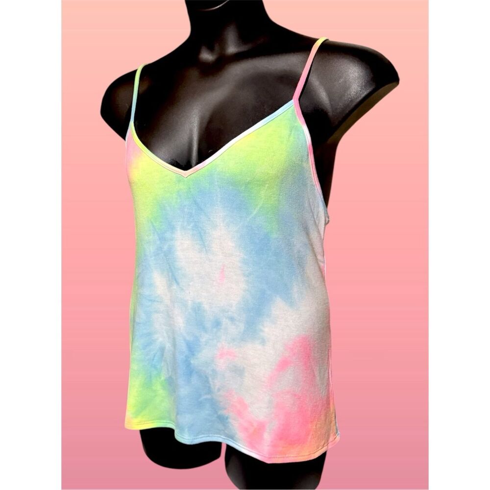 BiBi Pink Multi Tie Dye Cami Tank Top V-Neck Spaghetti Strap Summer Casual Top - Picture 7 of 8